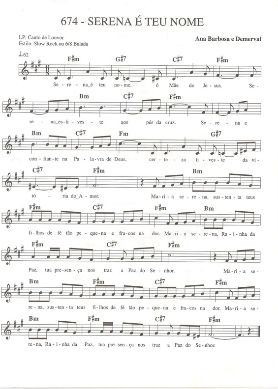 Partitura da música Serena é Teu Nome