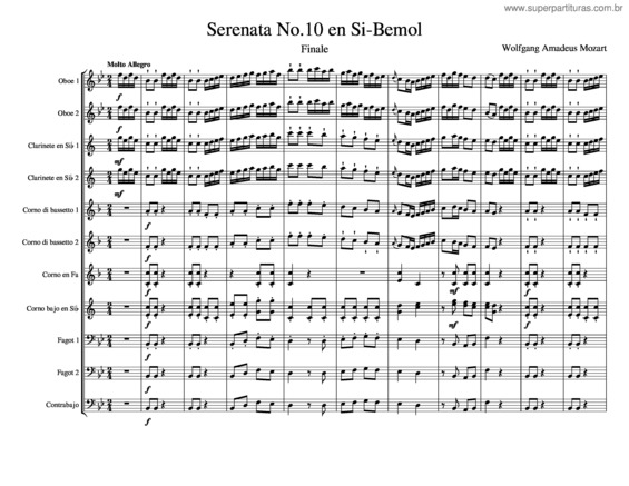 Partitura da música Sérénade K.361, Gran Partita. – Wolfgang Amadeus Mozart Serenata No. 10 En Si–Bemol: Finale