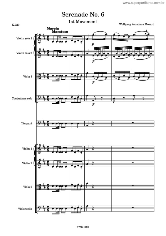 Partitura da música Serenade No. 6 In D Major, K.239 Serenata Notturna, 1St Movement – Wolfgang Amadeus Mozart