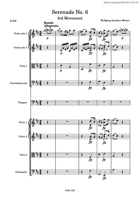 Partitura da música Serenade No. 6 In D Major, K.239 Serenata Notturna, 3Rd Movement – Wolfgang Amadeus Mozart