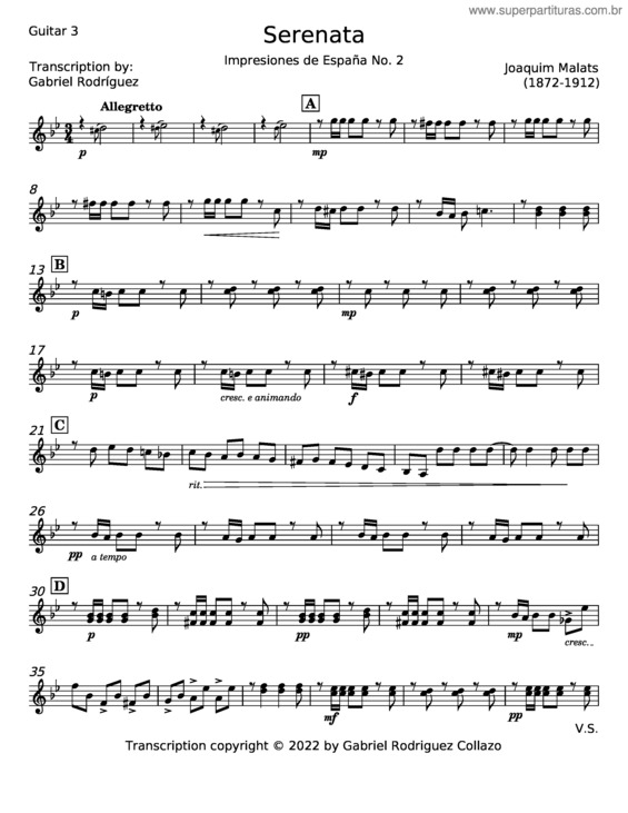 Partitura da música Serenata – Joaquim Malats v.3