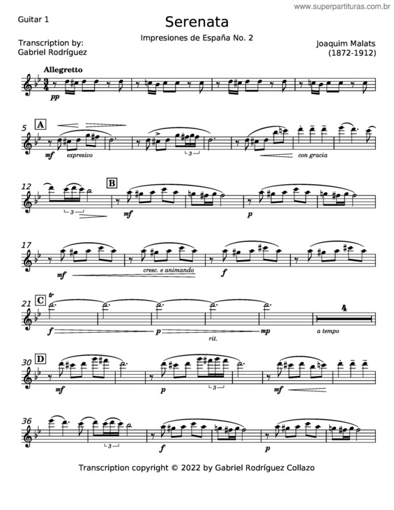 Partitura da música Serenata – Joaquim Malats