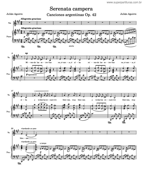 Partitura da música Serenata Campera – Canciones Argentinas – Op. 42 – Medium  Voice – Lam – Julián Aguirre