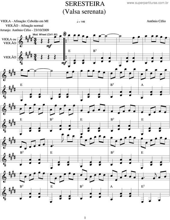 Partitura da música Seresteira