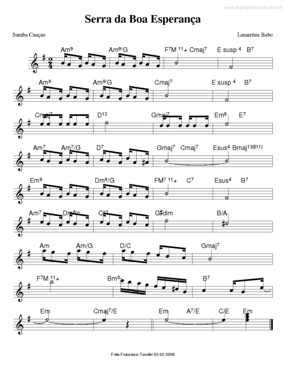 Partitura da música Serra da Boa Esperança