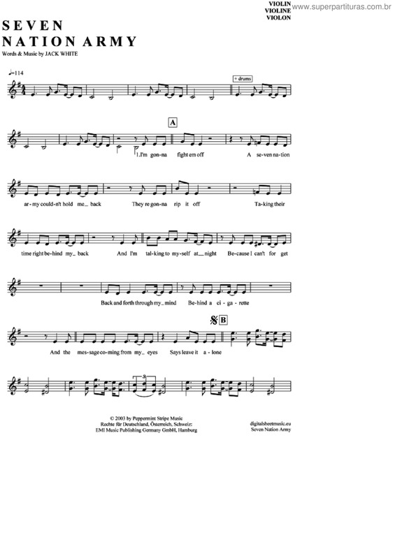 Partitura da música Seven Nation Army