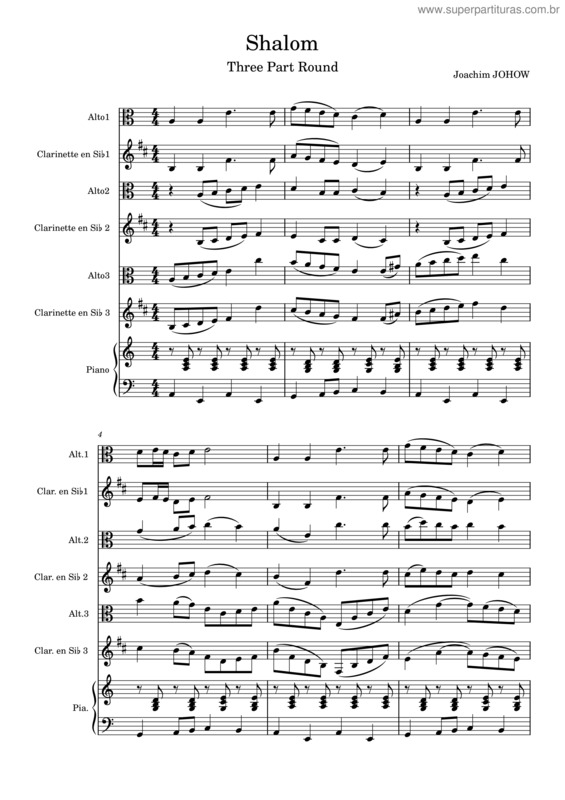 Partitura da música Shalom – Misc Tunes Shalom 3Altos 3Clarinettes–Sib Piano