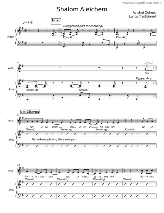 Partitura da música Shalom Aleichem – Avishai Cohen