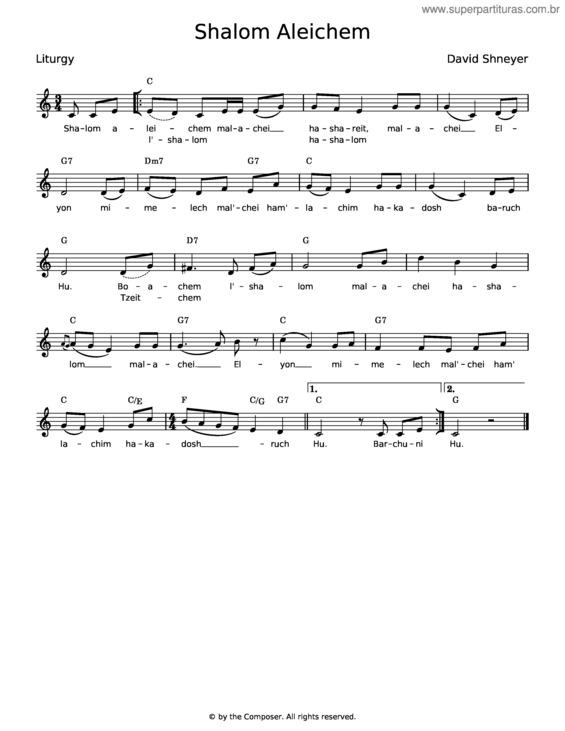 Partitura da música Shalom Aleichem – David Shneyer