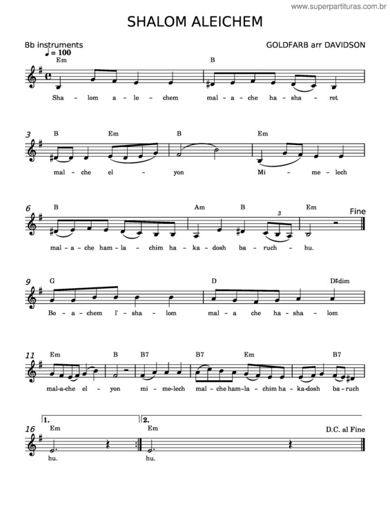Partitura da música Shalom Aleichem – Samuel Goldfarb
