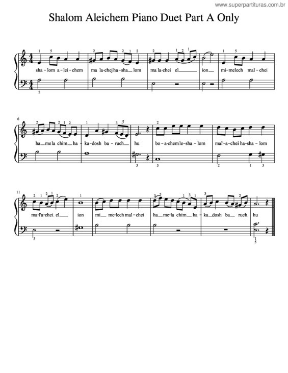 Partitura da música Shalom Aleichem Piano Duet Part A Only