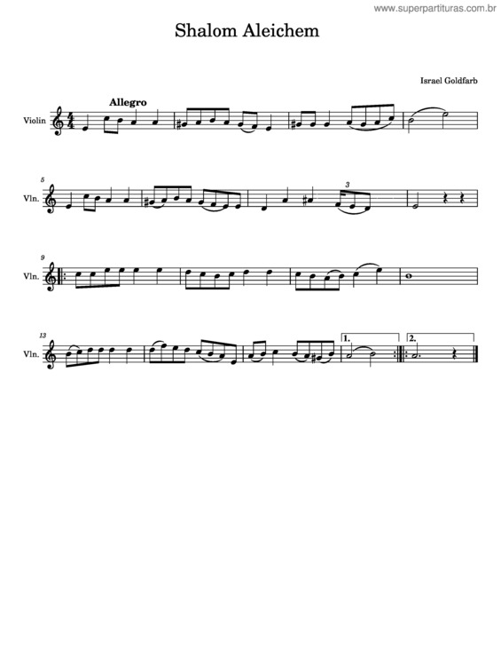Partitura da música Shalom Aleichem