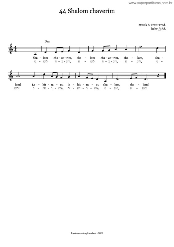 Partitura da música Shalom Chaverim – #44 Liedersammlung Hinzebeat 2020