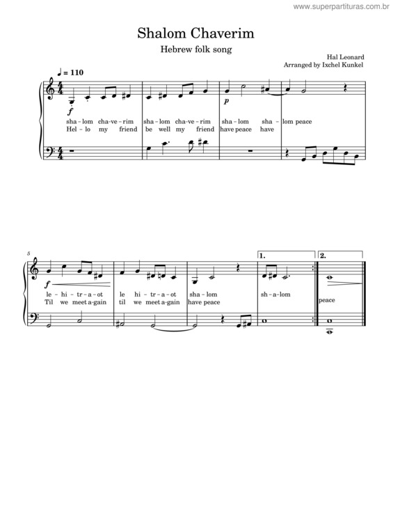 Partitura da música Shalom Chaverim v.2