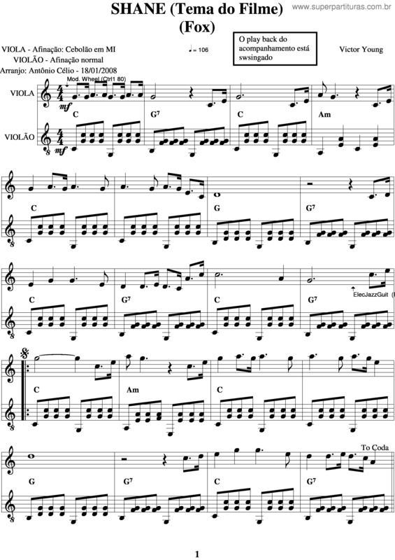 Partitura da música Shane v.2