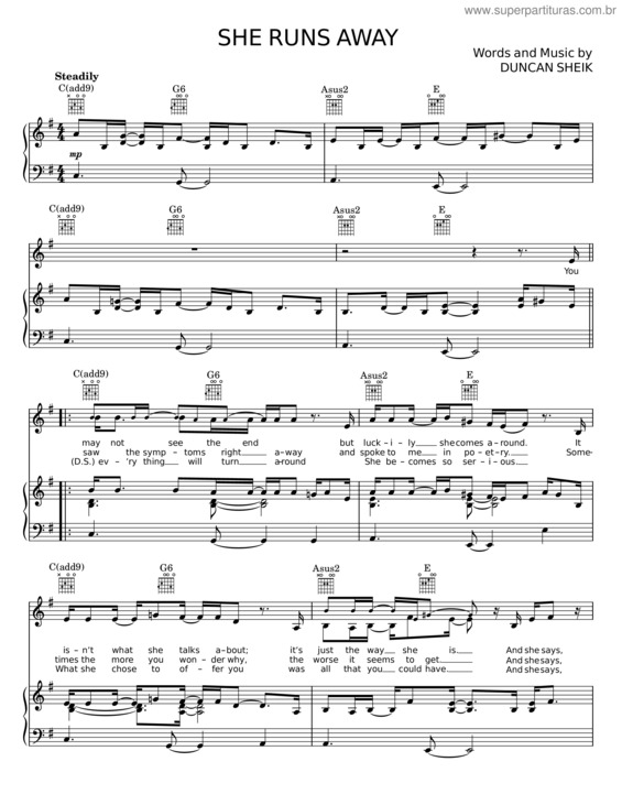 Partitura da música She Runs Away – Duncan Sheik