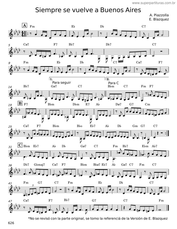 Partitura da música Siempre Se Vuelve A Buenos Aires – A. Piazzolla
