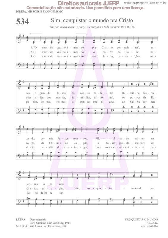 Partitura da música Sim, Conquistar O Mundo Pra Cristo - 534 HCC v.2