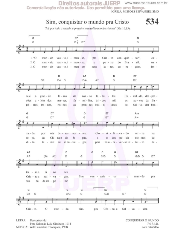 Partitura da música Sim, Conquistar O Mundo Pra Cristo - 534 HCC