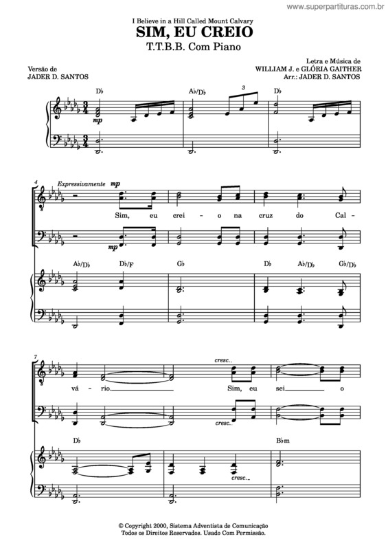 Partitura da música Sim, Eu Creio – William J. Gaither, Doug Oldham, Gloria Gaither