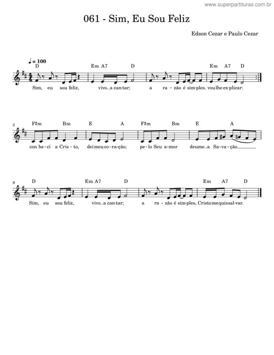Partitura da música Sim, Eu Sou Feliz