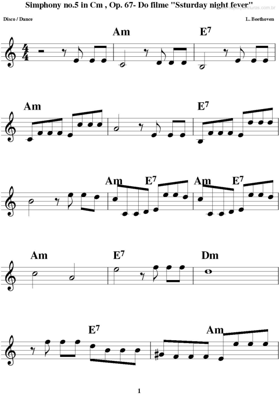 Partitura da música Simphony no.5 in Cm , Op. 67- Do Filme Ssturday Night Fever