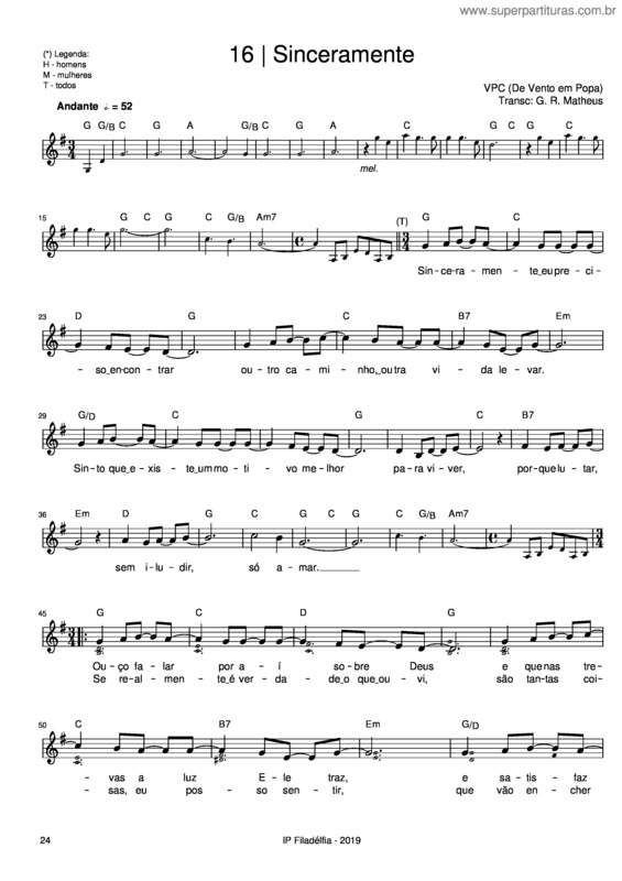 Partitura da música Sinceramente – Vencedores Por Cristo