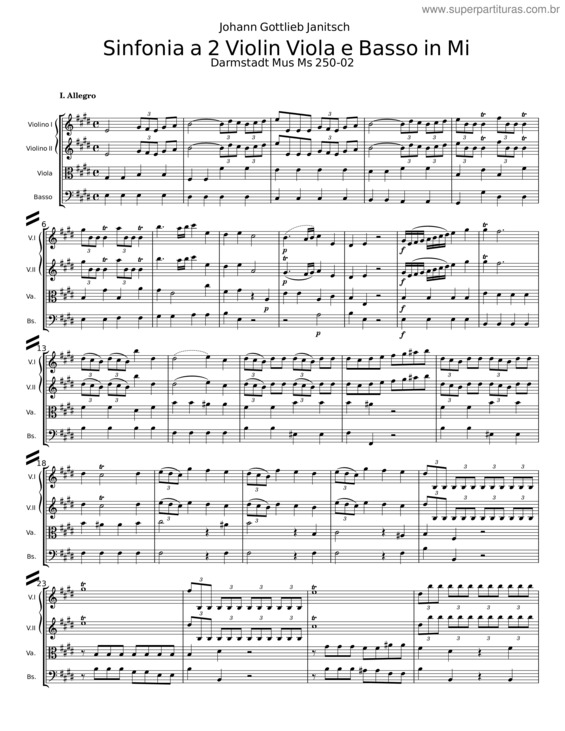 Partitura da música Sinfonia A 2 Violin Viola E Basso In Mi – Johann Gottlieb Janitsch