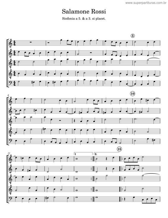 Partitura da música Sinfonia A 5. & A 3. Si Placet – Salamone Rossi v.2