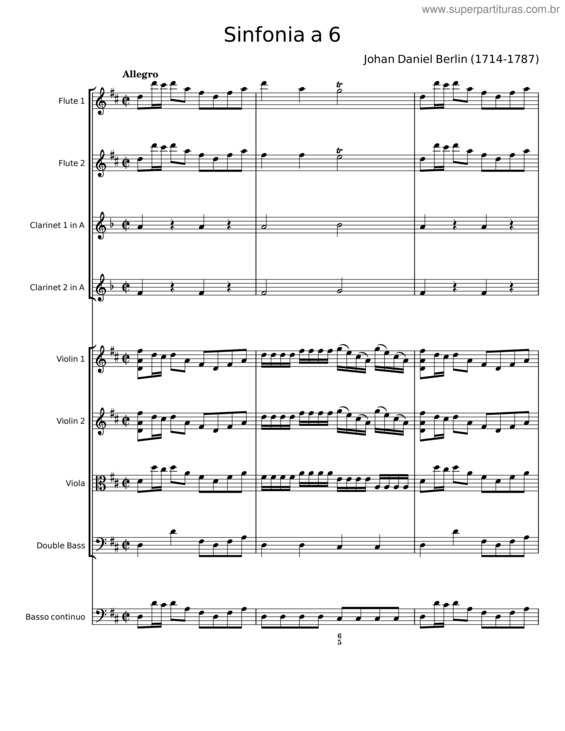 Partitura da música Sinfonia A 6 – Johan Daniel Berlin