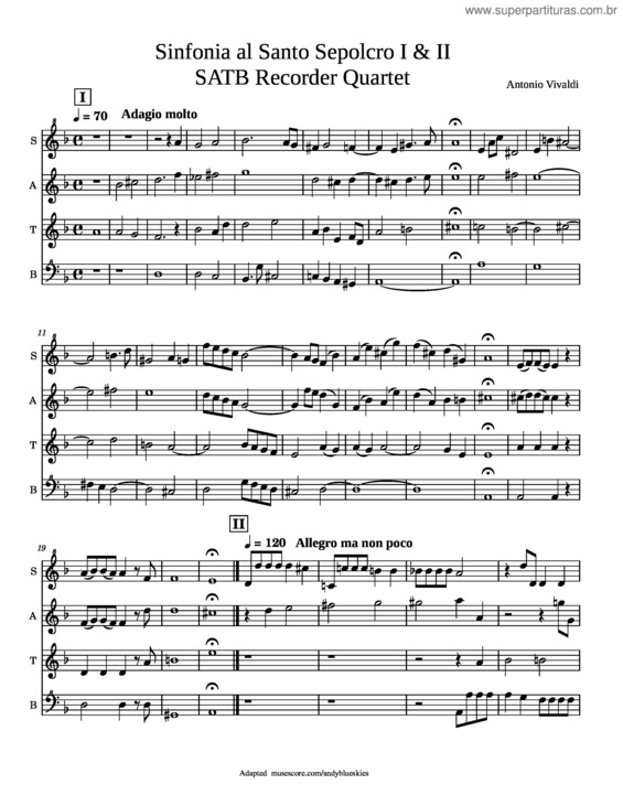 Partitura da música Sinfonia Al Santo Sepolcro I & Ii Recorder Quartet – Antonio Vivaldi