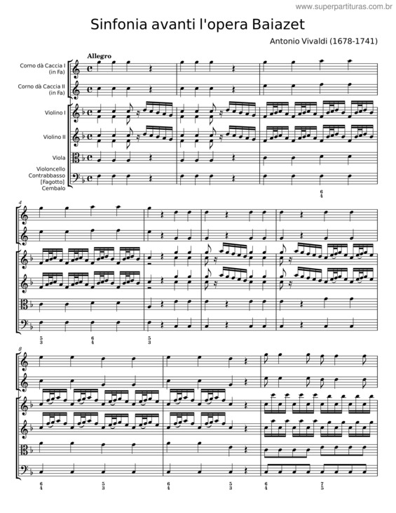 Partitura da música Sinfonia Avanti L`Opera Baiazet – Antonio Vivaldi