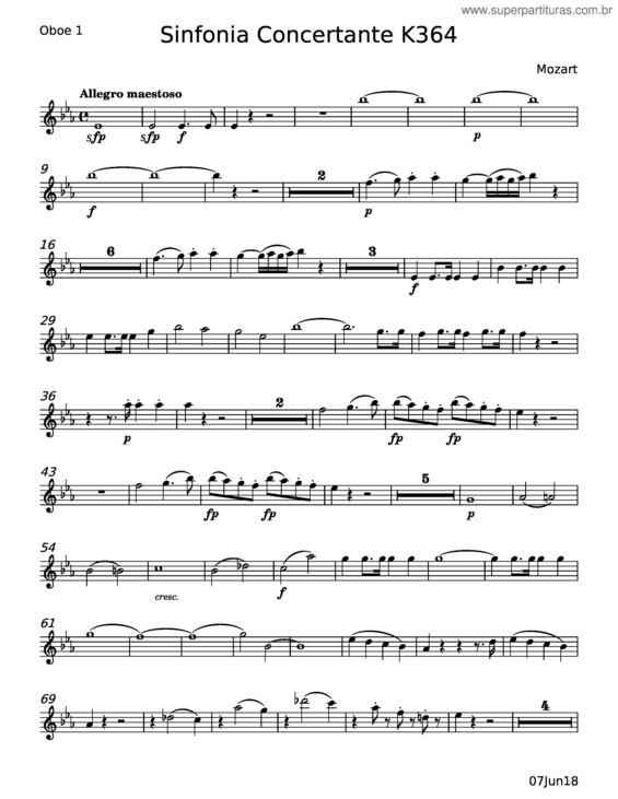 Partitura da música Sinfonia Concertante In E–Flat Major, K.364/320D – Wolfgang Amadeus Mozart