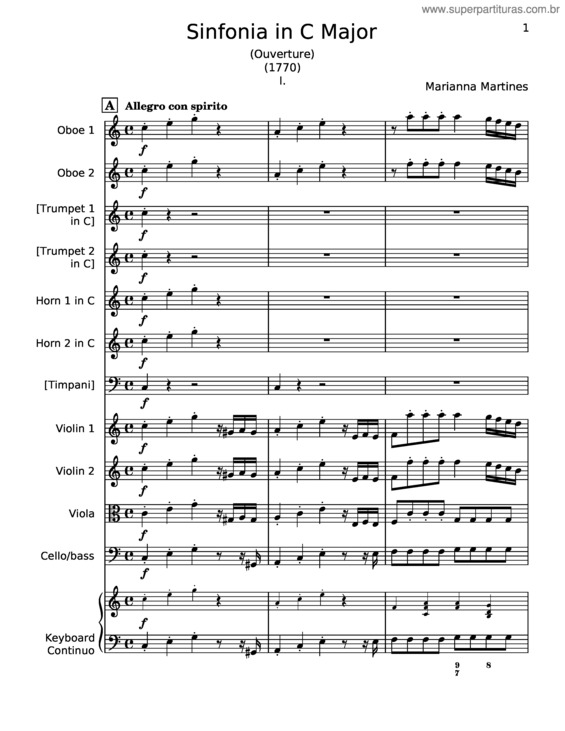 Partitura da música Sinfonia In C Major – Marianna Martines