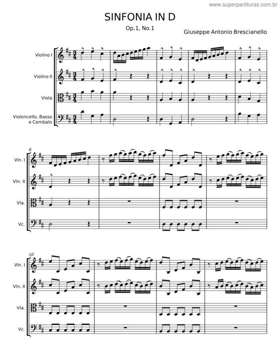 Partitura da música Sinfonia In D Major – Giuseppe Antonio Brescianello