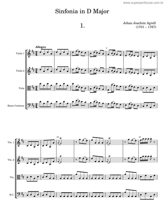 Partitura da música Sinfonia In D Major – Johan Joachim Agrell