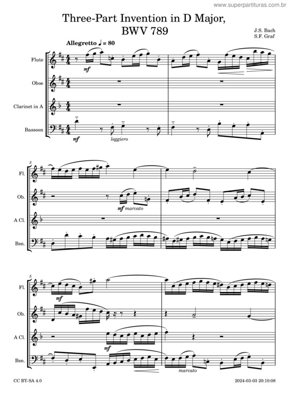 Partitura da música Sinfonia In D Major, Bwv 789 – Johann Sebastian Bach – Muse Sounds