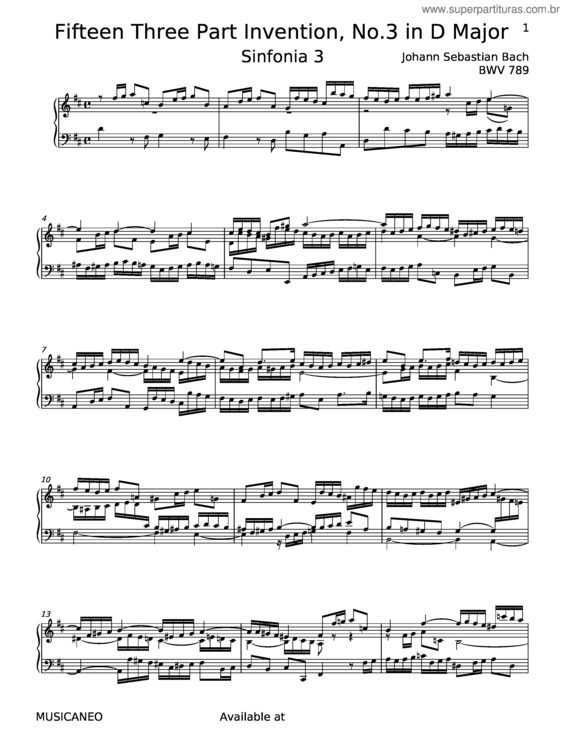 Partitura da música Sinfonia In D Major, Bwv 789 – Johann Sebastian Bach