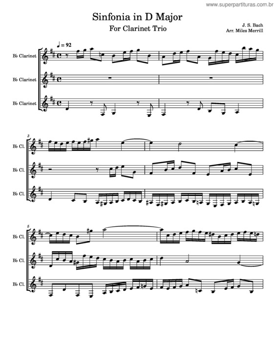 Partitura da música Sinfonia In D Major, Bwv 789 For Clarinet Trio