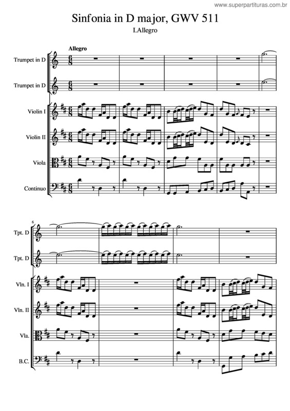 Partitura da música Sinfonia In D Major, Gwv 511 I.Allegro
