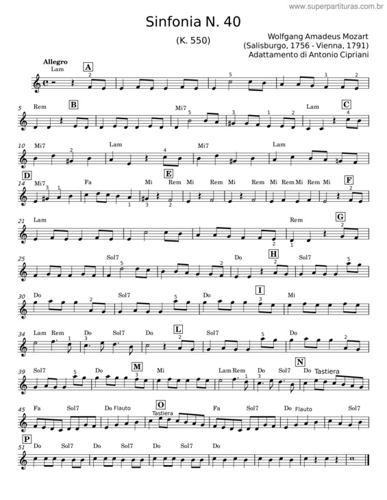 Partitura da música Sinfonia N. 40 – Wolfgang Amadeus Mozart