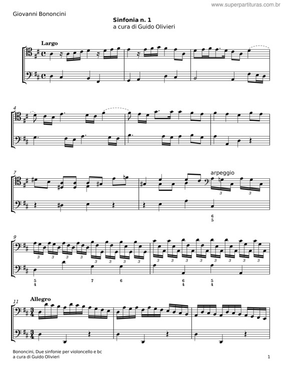 Partitura da música Sinfonia N.1 – Giovanni Bononcini