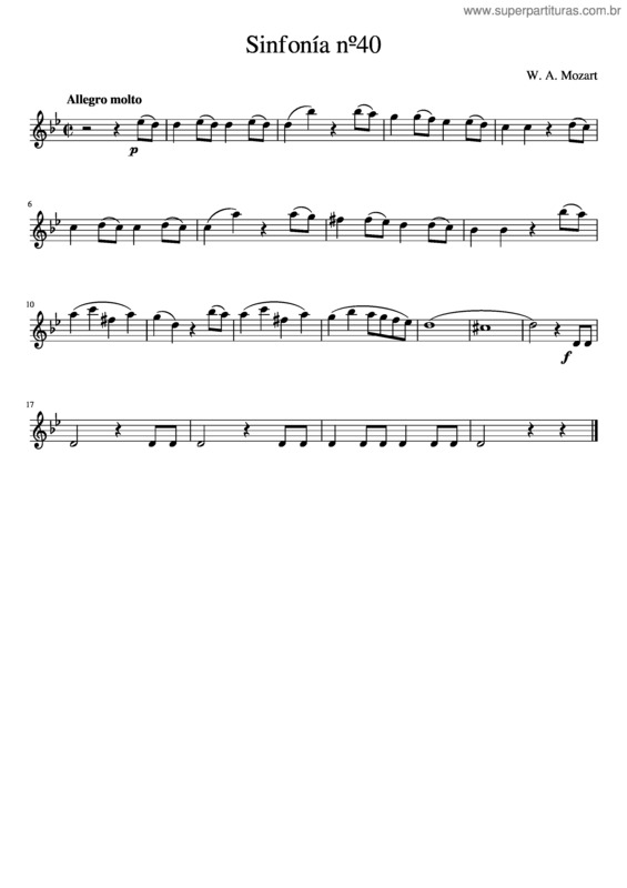 Partitura da música Sinfonía Nº40. 1º Movimiento – W. A. Mozart