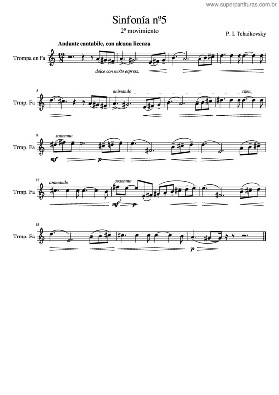 Partitura da música Sinfonía Nº5. 2º Movimiento – P. I. Tchaikovsky