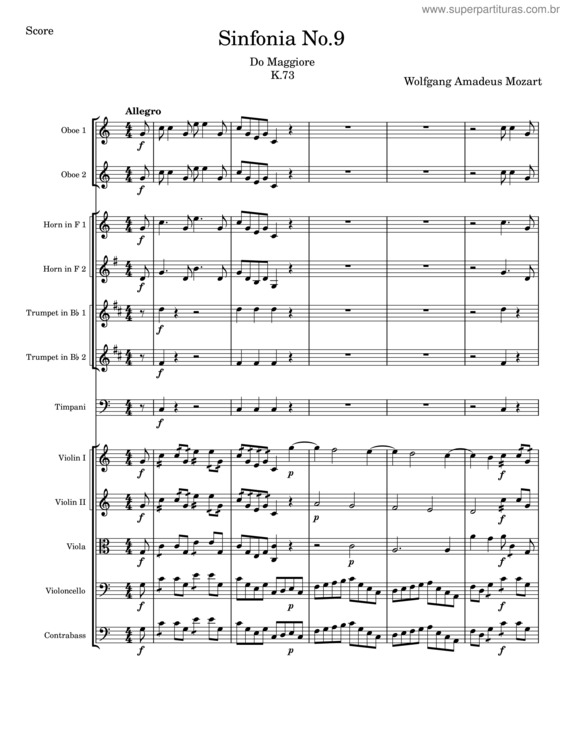 Partitura da música Sinfonia No. 9 – Wolfgang Amadeus Mozart