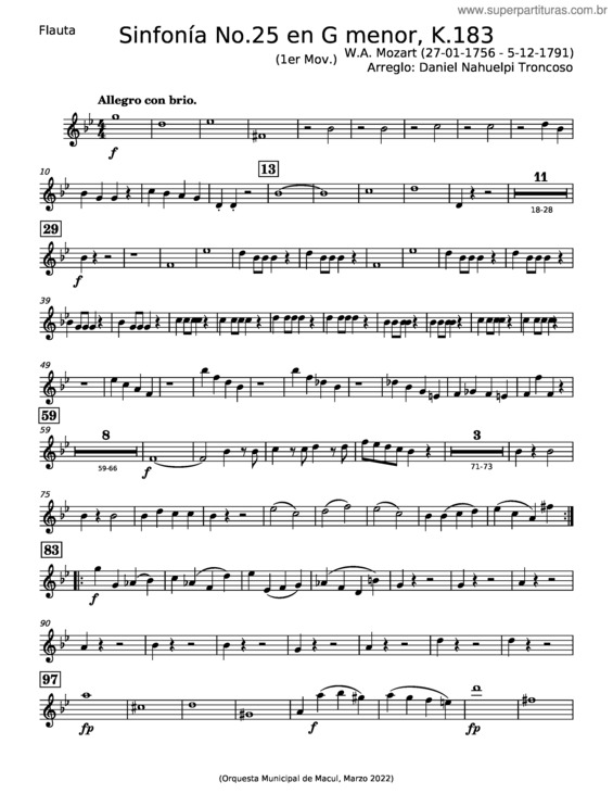 Partitura da música Sinfonía No.25 En G Menor – Wolfgang Amadeus Mozart