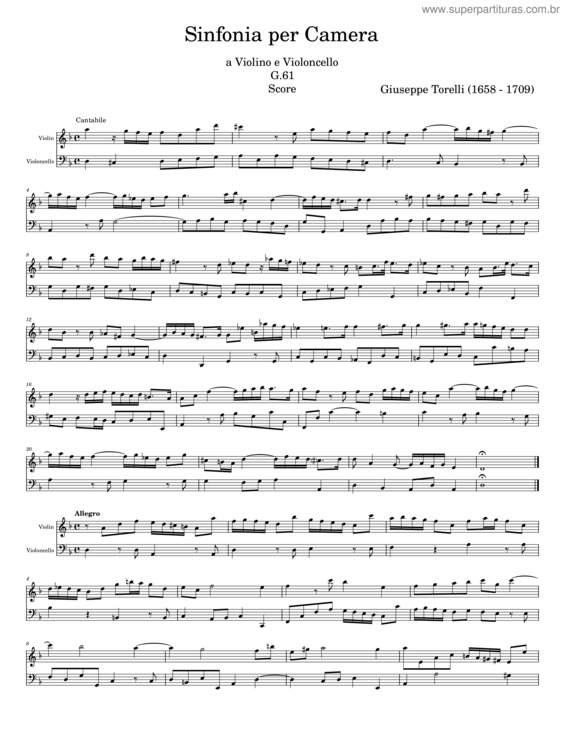Partitura da música Sinfonia Per Camera – Giuseppe Torelli