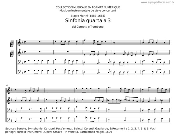 Partitura da música Sinfonia Quarta A 3 – Biagio Marini