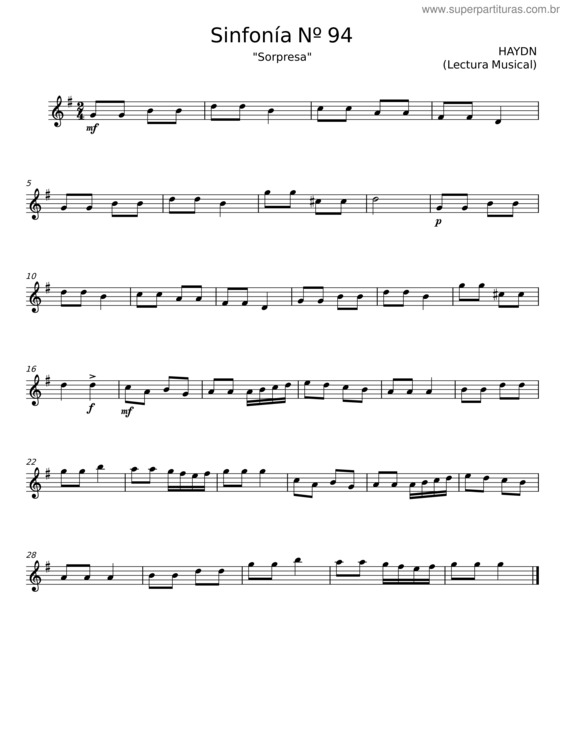 Partitura da música Sinfonía Sorpresa – Joseph Haydn