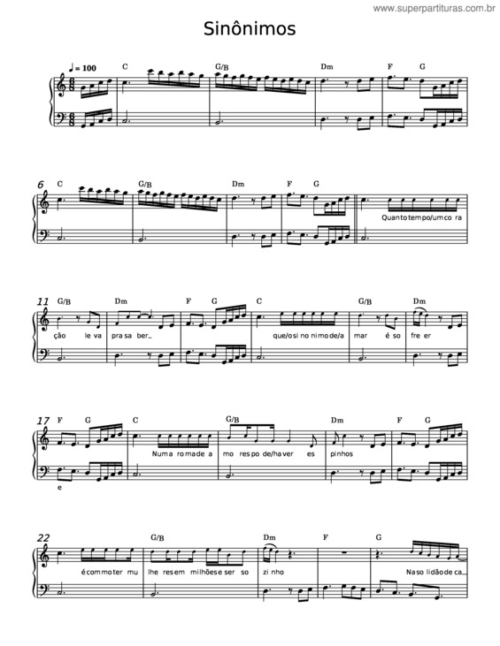 Partitura da música Sinônimos – Chitâozinho;Xororó E Zé Ramalho